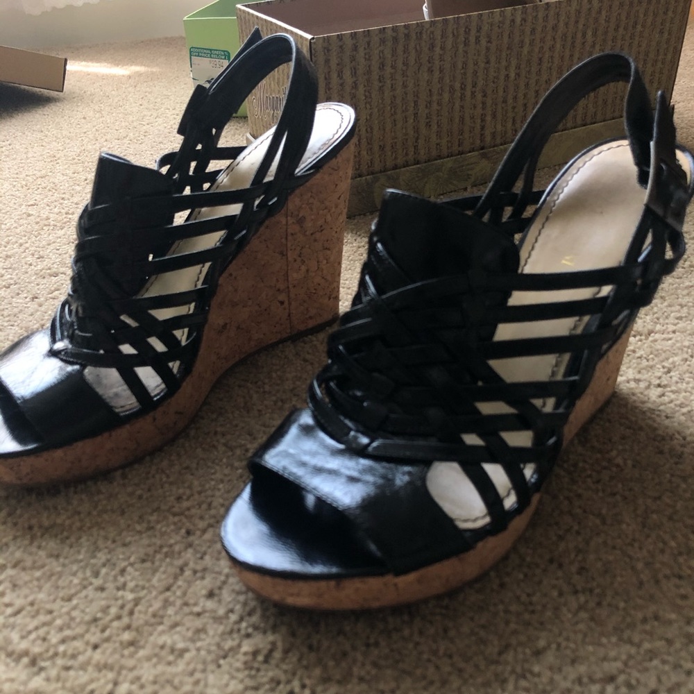 Black leather wedges